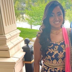 Navy Blue Lehenga with Pink & Gold Floral Designs